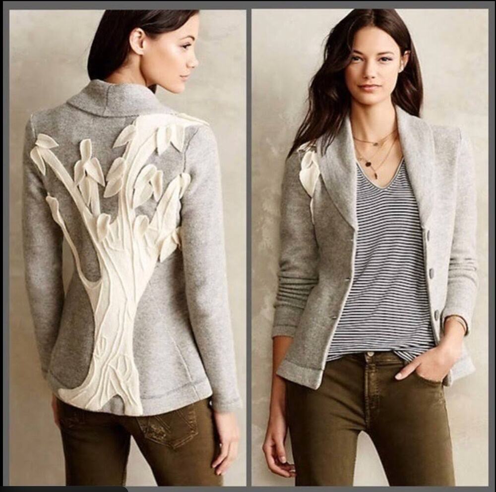 Anthropologie Rosie Neira Boiled Wool Jacket Tree Applique Gray Medium M